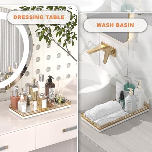 Bathroom Toilet Tank Tray, 13" Wood Toilet Paper Storage Basket Tray Back of Toilet Basket Organizer,Vanity Tray for Perfume Makeup Candle Decor, Gold & White - Image 7