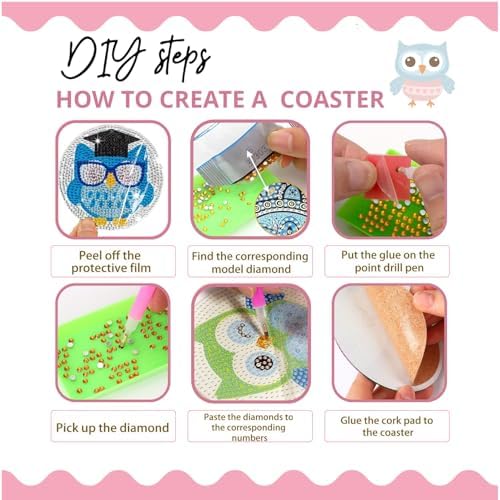 6 Pcs Owls Shaped Diamond Painting Kits, Diamond Painting Kits with Holder Owls, Diamond Art Coasters for Beginners Adults - Perfect Art Craft Supplies Gift!… (Owls 2) - Image 3