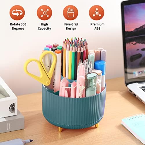 Desk Pencil Pen Holder, 5 Slots 360°Degree Rotating Pen Organizers for Desk, Desktop Storage Stationery Supplies Organizer, Cute Pencil Cup Pot for Office, School, Home, Art Supply, Dark Green - Image 2