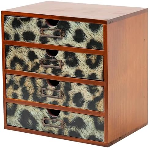 Classic Leopard Print Wooden Desk Organizer - 4-Drawer Desktop Storage - Rustic Wood Cabinet for Office Supplies, Craft Tools, & Home Organization - Luxurious Drawer Unit by Woodaholic