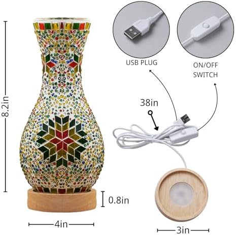 Mosaic Vase Lamp, Turkish Table Lamp with Wood Base, USB LED - Image 2