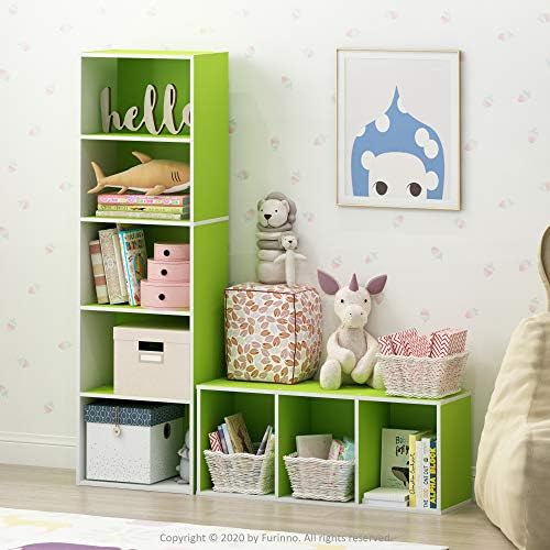 Furinno LUDER Book Shelf, 5-Tier Bookshelf, Bookcase with Open Shelves, 9.4 x 15.8 x 52, Easy Assembly, for Living Room, Bedroom, Home Office, White/Green - Image 2