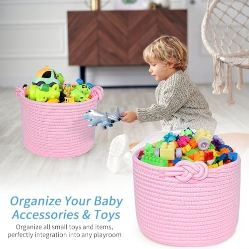 ABenkle Small Woven Basket, Cotton Rope Shelf Storage Basket, Small Round Basket, Cute Basket, Decorative Round Bin for Nursery Bedroom Bathroom, 9.4" x 9.4"x 7.1" Empty Gift Basket- Pink - Image 5