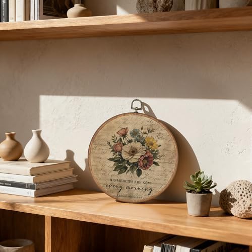 OFJE Vintage Floral Christian Wall Art Decor, His Mercies Are New Every Morning Scripture Round Wall Hanging Decor, Religious Flower Framed Canvas Prints for Living Room Decorations, 10x10 Inch - Image 4