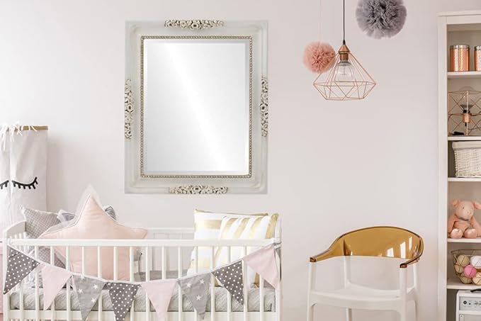 OVALCREST Rectangle Beveled Wall Mirror for Home Decor - Versailles Style - Antique White - 20x24 Outside Dimensions