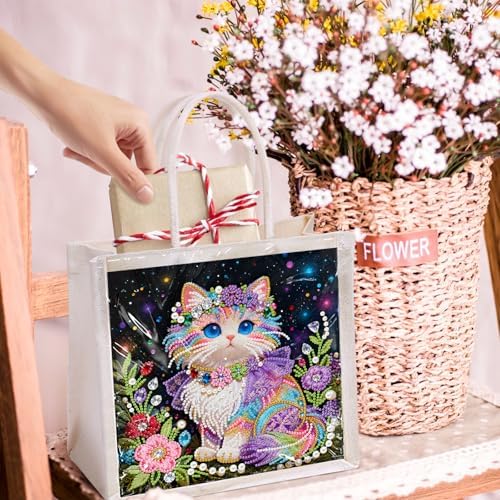 Xylzzuit DIY Pearl Painting Canvas Tote Bag Kit 11.42IN Diamond Art Handbag for Women Shopping Grocery Bag Dots Beads Art Craft Gift (Cat) - Image 5