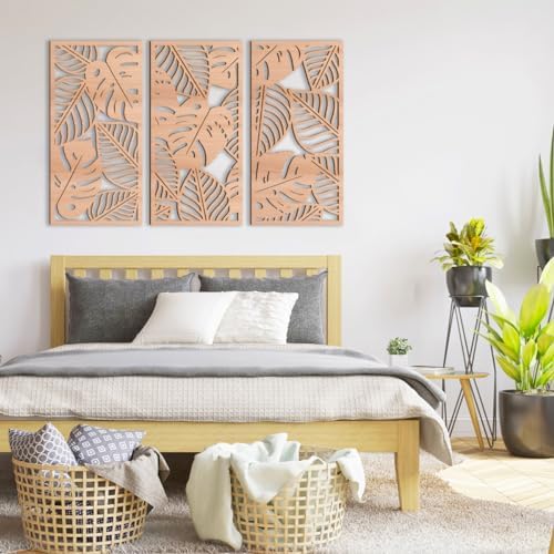 IARTTOP Large Wood Tropical Wall Art 15.9X32 Inch Carved Palm Leaves Wall Decor Coastal Leaf Monstera Plant Wall Sculptures for Living Room Bedroom Set of 3 - Image 4