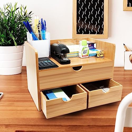 Sorbus Bamboo Desk Organizer - 3-Tier 100% Bamboo Desktop Organizers – Mini Bamboo Desk Drawer Tabletop Storage Box Countertop Organization 3 Drawers & Shelf - Office, Makeup Vanity, Fully Assembled - Image 2