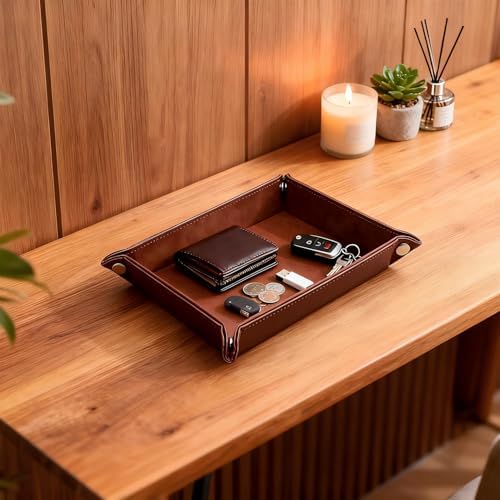 Leather Valet Tray Organizer, Catchall Tray, Desktop Storage for Keys, Coins, Wallet, Phone, Jewelry | Multi-Use Entryway Table, Desk & Nightstand Storage for Men & Women (Maroon) - Image 4