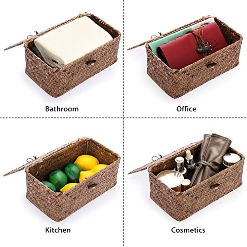 Hipiwe Wicker Shelf Baskets Bin with Lid, Handwoven Seagrass Storage Boxes - Image 5