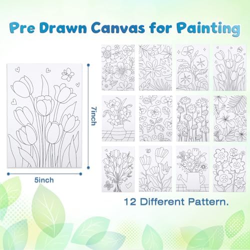 Louise Maelys 5x7 Inch Pre Drawn Canvas to Paint,12 Packs Floral Theme - Image 3