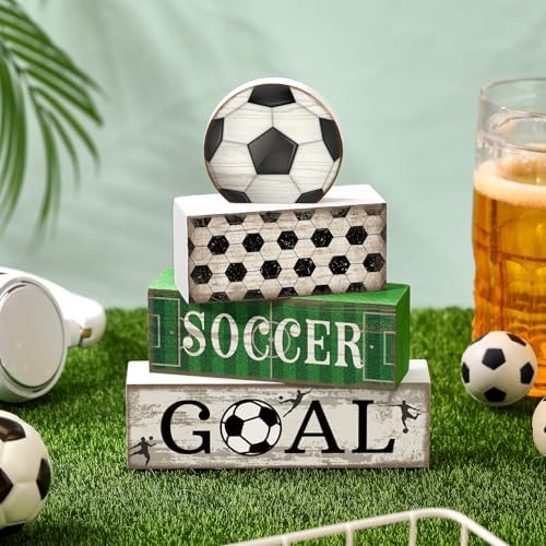 Moucuny 4 Pcs Soccer Table Decorations Farmhouse Soccer Wooden Block Signs - Image 2