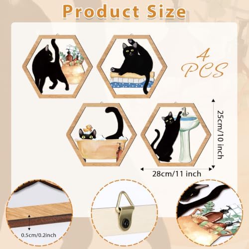 HPNIUB Funny Bathrooms Wall Decor, Black Cats In the Bath Wood Sign, 4 Pieces Farmhouse Wooden Hanging Sign for Toilet Powder Room Restroom Wall Decoration, Lovely Cat Gifts(11''x9.8'') - Image 2