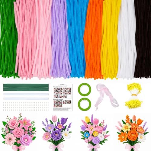 Yumcute 500 Pcs Pipe Cleaner Flower Kit, 9-Color Chenille Stems Flower Making Supplies with Floral Wires & Tape, DIY Forever Bouquet Art Craft Gift for Adults Home Decor, Birthdays, Anniversaries by Yumcute