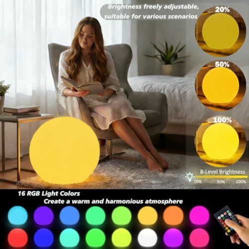 Rechargeable Waterproof Globe Floor Lamp,Large 20'' Glowing Ball Light - Image 2