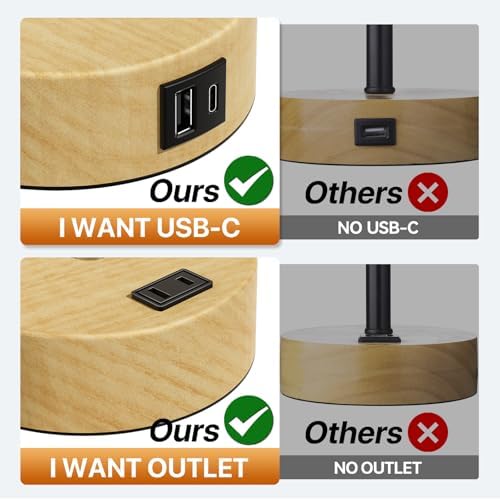 KPQ Bedside Lamp Touch Control Table Lamp with USB A+C Charging Ports & AC Outlet 3-Way Dimmable Nightstand Lamp with Linen Fabric Shade (Beige Shade-Wood Base, 14" Small Size Touch Control) - Image 4