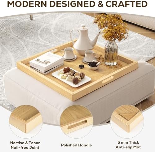 Axeman 22 Inch Large Square Wooden Ottoman Tray for Living Room|Extra Large Serving Tray with Handles for Coffee Table, Breakfast|Decorative Wood Tray for Ottoman Couch Sofa Kitchen|Natural - Image 3
