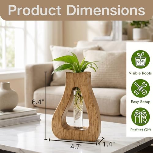 Plant Propagation Station with Glass Test Tube Vases, Wooden Stand Planter Terrariums for Hydroponic Plant Cuttings, Home Office Desktop Decor, Gift for Plant Lovers - Image 3
