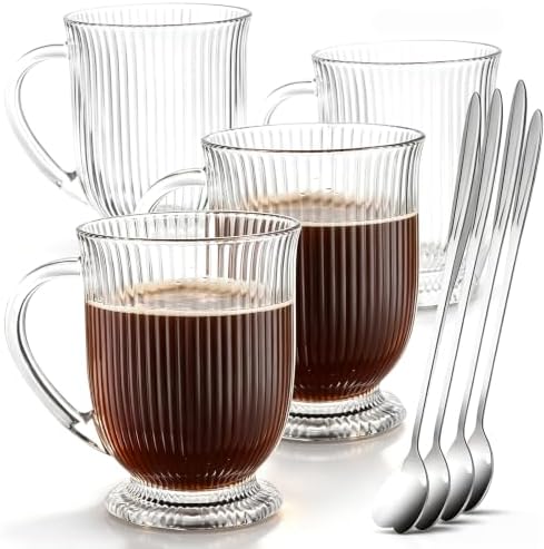 Ribbed Glass Coffee Mugs Set of 4,16 Oz Clear Diner Cups,Large Espresso Cups with Spoon, Glass Mugs with Handle Latte Cup with Footed Base for Hot Beverages,Cappuccino Cups, Stylish Drinkware by NBABSR