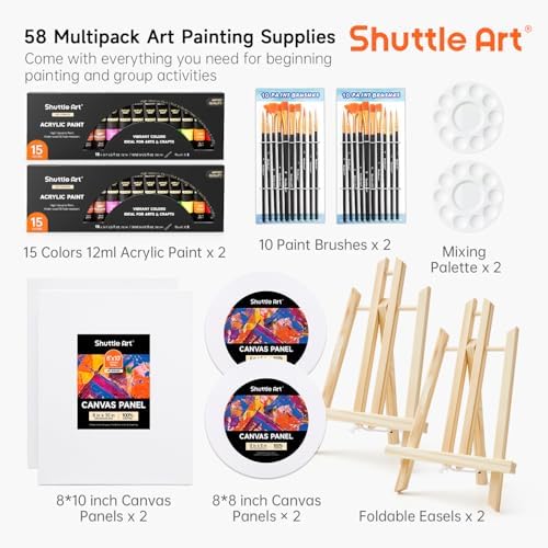 Shuttle Art 58 Pack Painting Kit for Adults and Couples, Sip and Paint Kit for Date Night and Crafts, with 2 Pack of 15 Colors Paint, 2 Wooden Easels, Canvas, Brushes & Palettes - Image 3