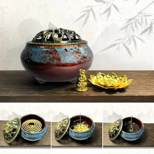 Ceramic Incense Burner, Bowl Burner,Cone Incense Burner with Brass lid for use with Stick or Cone-Shaped Incense，Lotus Incense Stick Holder Calabash Incense Stick Holder, 3pc (Fambe Blue) - Image 4
