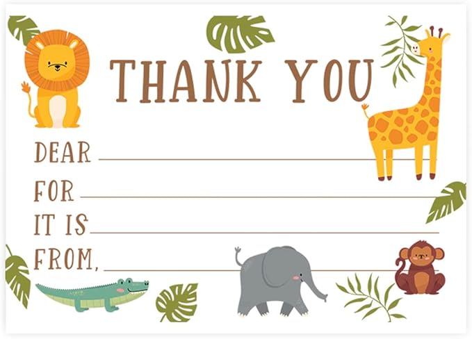 Andaz Press Kids Fill in the Blank Thank You Cards 20 Cards Including Envelopes Safari Jungle Animals Gender Neutral Note Cards For Boys Girls Birthday Thank You Notes for Friends, Family Party Guests