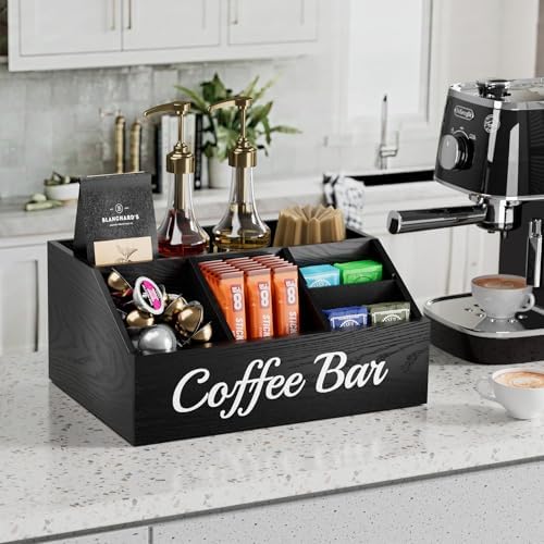 Coffee Station Organizer for Countertop – Wooden Coffee Bar Organizer with Adjustable Dividers,Holds K Cup Pod & syrup bottles, for Kitchen, Office, or Bar and Tea Station, Black - Image 3
