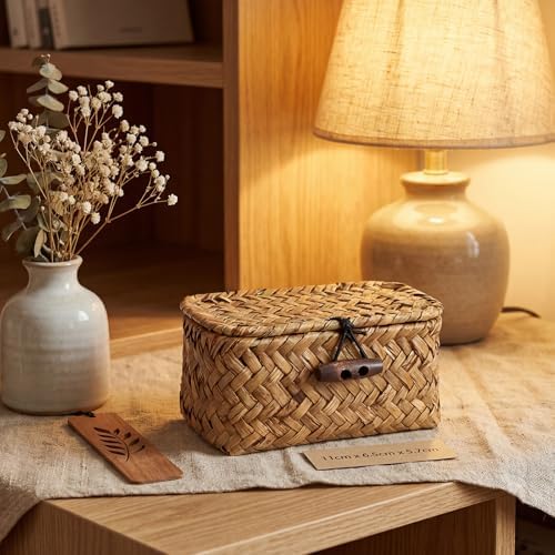 Hipiwe Handwoben Seagrass Basket With Lid Wicker Storage Baskets Decorative Shelf Basket Mini Desktop Organizer, Caramel 4.3" x 2.5" x 2.1" - Image 7