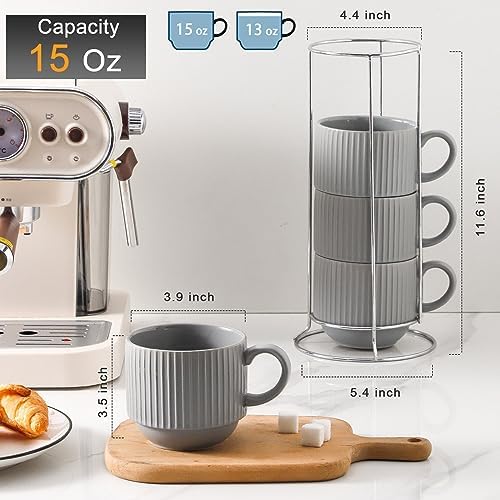 Hasense Coffee Mugs Set, Stacking Tea Cups Set of 4 with Holder - 15 oz Large Ceramic Ribbed Latte Cup Set for Cappuccino, Tea, Hot Cocoa, Drinks - Dishwasher & Microwave Safe, Grey - Image 3