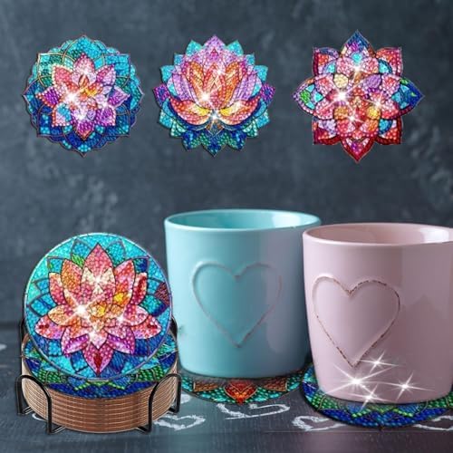 Demonwer 8 Pieces Lotus Diamond Painting Coasters with Holder DIY Cute Lotus Diamond Art Coasters 5d Lotus Diamond Coasters with Cork Pads for Beginners Adults for Christmas Holidays Gift - Image 5