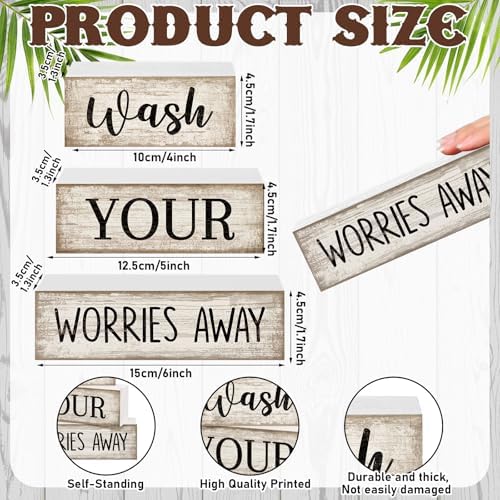 Moucuny 3 Pcs Laundry Room Decor Wood Block Signs Wash Your Worries Away - Image 3