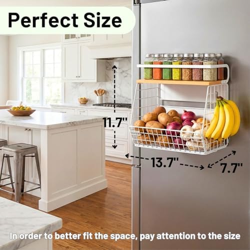 Ofiray-home Magnetic Fridge Shelf with Wood Lid, Fruit Potato Onion Storage Bins, Pantry Organizers, Large Container Spice Rack for Refrigerator, Kitchen Counter, Cabinet (2, White) - Image 2