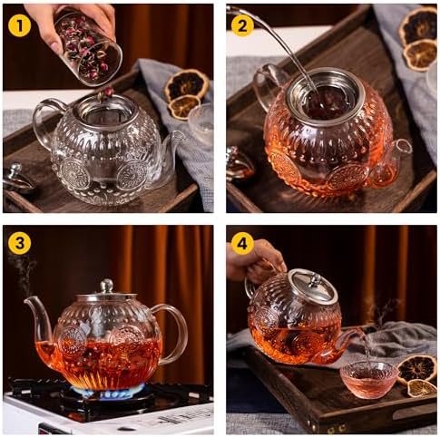 Amzcku 50OZ/1500ml Vintage Glass Teapot with Removable Infuser – Stovetop Safe, Borosilicate Glass Tea Kettle for Blooming & Loose Leaf Tea - Image 4