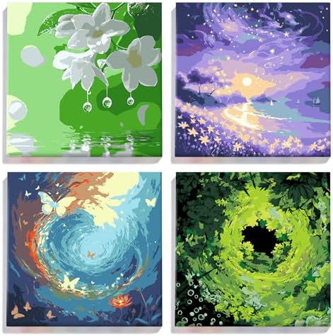 YONEYO 4 Pack Framed Paint by Numbers for Adults, Magical Forest & Starry Night Landscape Acrylic Canvas Painting with Easels, Fantasy Nature Scenery Wall Art Decor, 8x8 Inch by Unknown