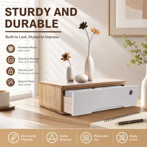 Wooden Desktop Storage Box with Lockable Drawers, Flat File Cabinet Drawer Desktop Storage Box, Countertop Storage Cabinet for Office Home Toiletries Supplies Vanity (natural wood+white, 1 Drawer) - Image 3