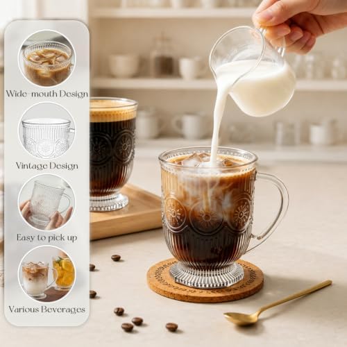 KEMORELA 16oz Vintage Glass Coffee Mugs Set,Large Glass Mugs with Handle - Image 7