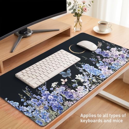 Black Desk Mat, Blue Violet Wildflower XXL Mouse Pad 35.4x15.7 in - Image 7