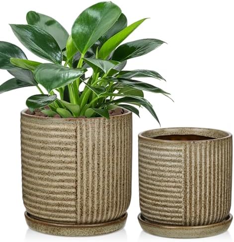 Oairse Ceramic Pots for Indoor Plants, 6.1 +4.9 inch Pots for Plants Set of 2 Brown Plant Pots with Drainage Holes and Saucers Texture Ceramic Planters Indoor Outdoor Flower Pot for Succulent by Oairse
