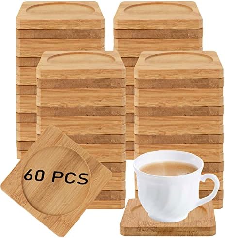 HOIGON 60 Pack 3.7 Inch Bamboo Coasters, Natural Wooden Coasters, Square Bamboo Tray Saucer Set for Drinks, Crafts, Succulents by HOIGON