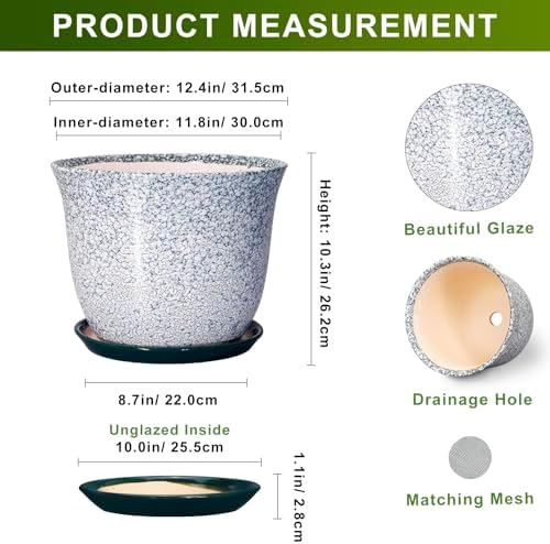 12 Inch Pot for Plants- Ceramic Planter Indoor Outdoor, Round Large Plant Pots with Drainage Hole and Saucer, Decorative Flower Pots, Modern Planter, Garden Decor, Plant Lovers Gifts, Green - Image 2