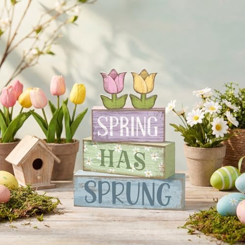 Moucuny 4 Pcs Spring Wooden Block Signs Farmhouse Tray Decor Tulips - Image 2