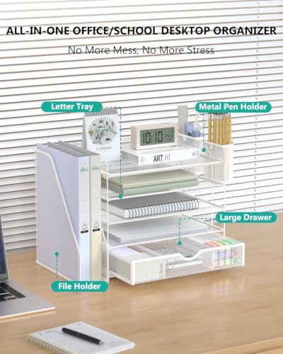 WALI Desk File Organizer, 5 Tier Desktop Paper Letter Tray Organizer with Drawer and 2 Pen Holders, Office Desk Accessories & Workspace Organizers for Office, Home Supplies(DO006DH-W), 1 Pack, White - Image 3