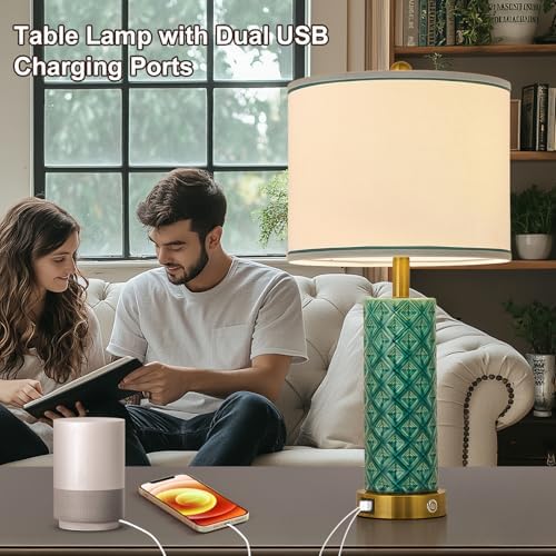 Set of 2 Table Lamp for Living Room Bedroom Farmhouse,26'' Touch Control Bedroom Turquoise Ceramic Lamps 3-Way Dimmable Bedside Lamps with USB A+C Ports Linen Shade for Home - Image 2