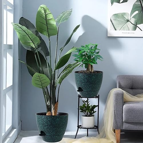12inch 2Pack Large Self Watering Planters, Plastic Plant Pots with 60oZ Removable Deep Reservoir and Multi Mesh Drainage Holes for Indoor Outdoor Garden Plants and Flowers, Black with Green Speckles - Image 7