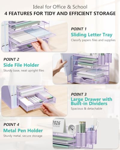 WALI Desk File Organizer, 6 Tier Desktop Paper Letter Tray Organizer with Drawer and 2 Pen Holders, Office Desk Accessories & Workspace Organizers for Office, Home Supplies(DO007DH-V), 1 Pack, Purple - Image 4