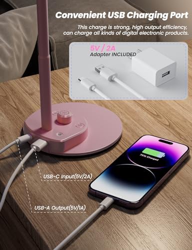 BOHON Cute Desk Lamp with USB Charging Port, 3 Color Modes Dimmable, Pink - Image 4
