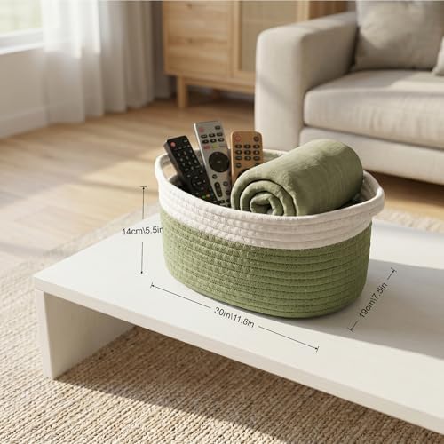 Small Cotton Rope Basket - White Woven Storage Basket with Handles, Desktop Organizer for Keys, Remotes, Makeup, Soft Decorative Bin for Bathroom, Office Shelf (White/Green) - Image 3