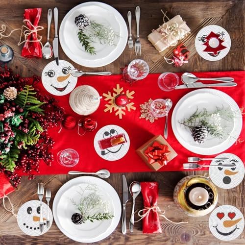 8 Pcs Christmas Snowman Face Diamond Coasters Kits Christmas Snowman Face DIY Coasters with Holder Holiday Xmas Holiday Diamond Coasters for Beginner Adult Winter - Image 5