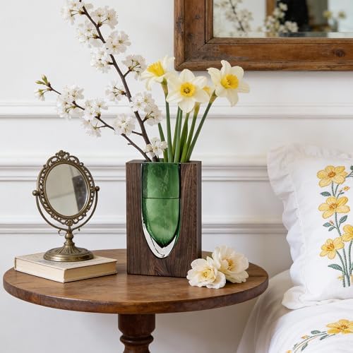 Wood and Glass Inlay Vases Farmhouse Wooden Glass Flower Vase Solid Wood Glass Vase Home Decor Vases for Centerpiece (9.37) - Image 3