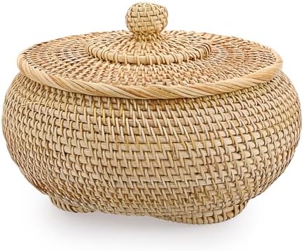 Hipiwe Round Rattan Basket Box with Lid Small Hand-Woven Wicker Basket Bin by Hipiwe